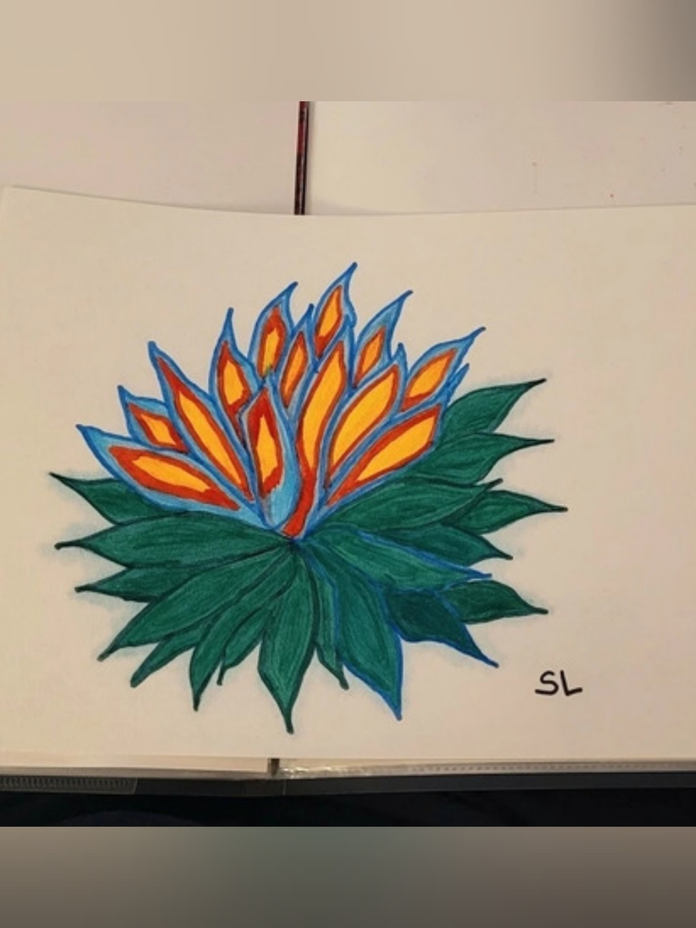 Botanical Floral Mixed Media Artwork - Green & Orange - 9x12 Inch